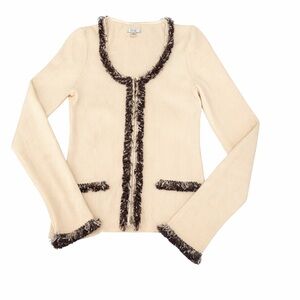 Vintage 90s Y2K Cache Cream Ribbed Fringe Cardigan Medium